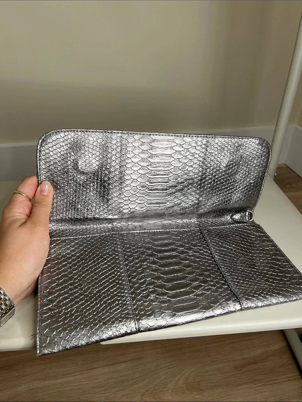Deena & Ozzy Silver Snake-Embossed Clutch